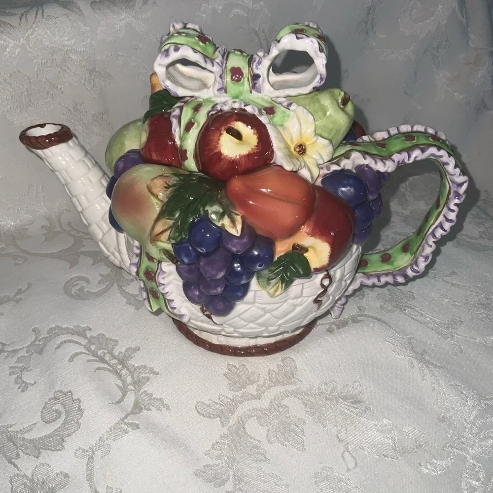 Tea For 3~Vintage 1970’s Colorful Fruit In A Basket~Ceramic Tea Pot & Three Cups